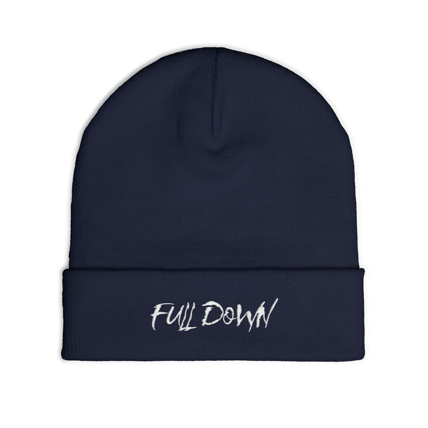 Embroidered "Full Down" Knit Beanie – Cozy Black Winter Hat