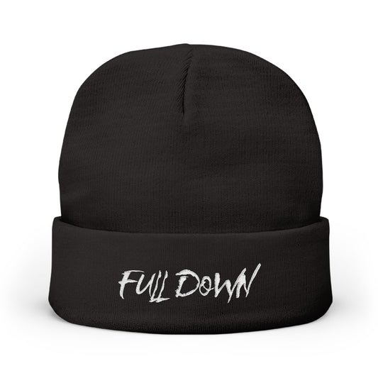 Embroidered "Full Down" Knit Beanie – Cozy Black Winter Hat