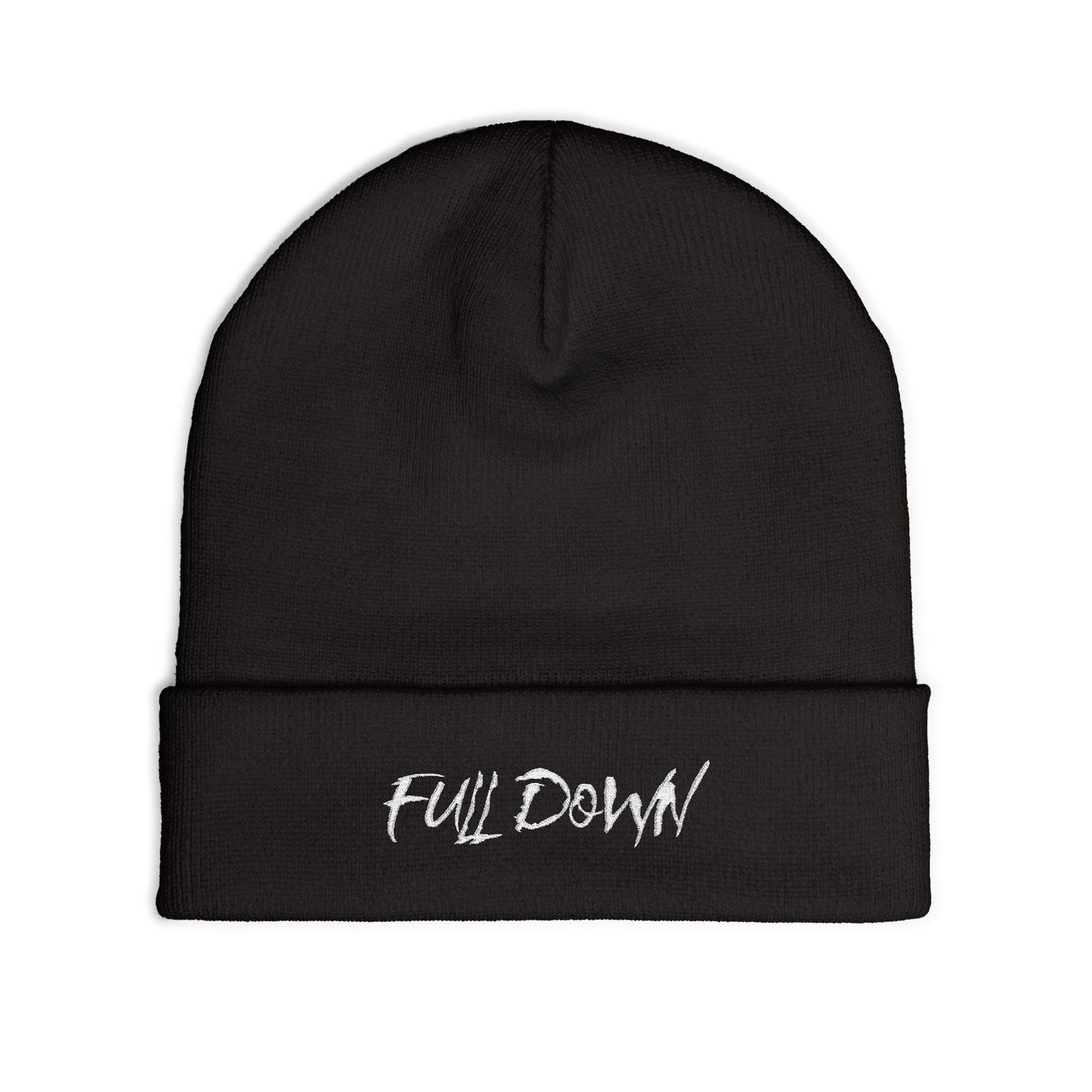 Embroidered "Full Down" Knit Beanie – Cozy Black Winter Hat
